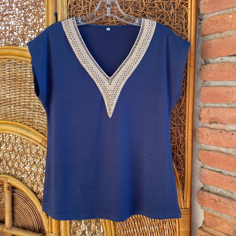 Navy Blue V-Neck Women's Lace Top